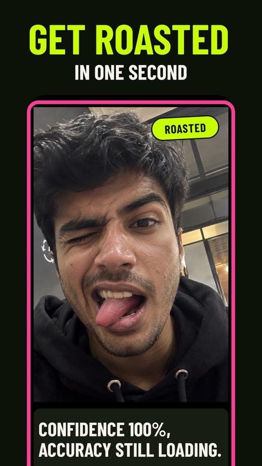 A Ghatiya Cam roast card headed Get roasted in one second. The caption reads: Confidence 100%, accuracy still loading.